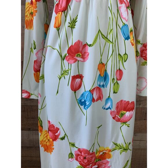Vintage 1970’s Bright Floral Print Knit Empire Waist Maxi Dress - Picture 5 of 8